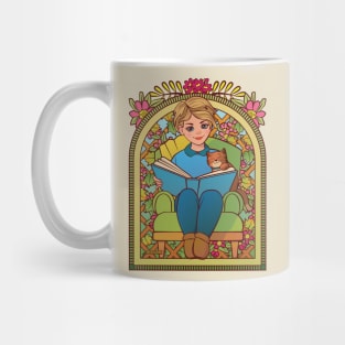 Blonde Girl Reading to Cat Mug